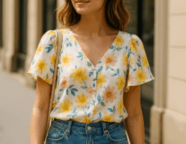 Mujer con blusa floral de verano caminando por la ciudad, tendencia 2025 en moda femenina