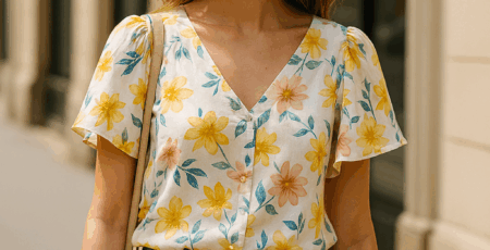 Mujer con blusa floral de verano caminando por la ciudad, tendencia 2025 en moda femenina