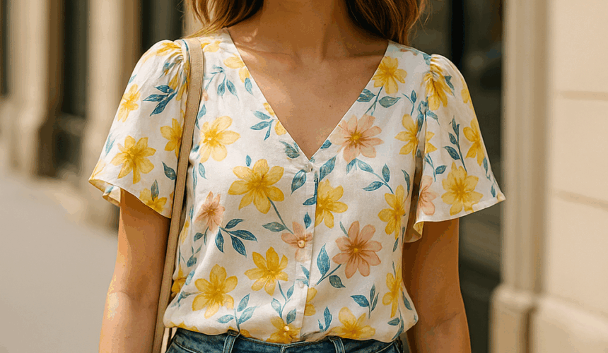 Mujer con blusa floral de verano caminando por la ciudad, tendencia 2025 en moda femenina