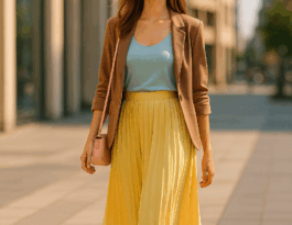 Mujer joven con outfit de verano en tonos Mocha Mousse, amarillo mantequilla y azul hielo caminando en una ciudad moderna