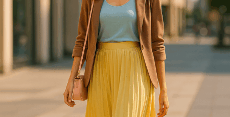 Mujer joven con outfit de verano en tonos Mocha Mousse, amarillo mantequilla y azul hielo caminando en una ciudad moderna