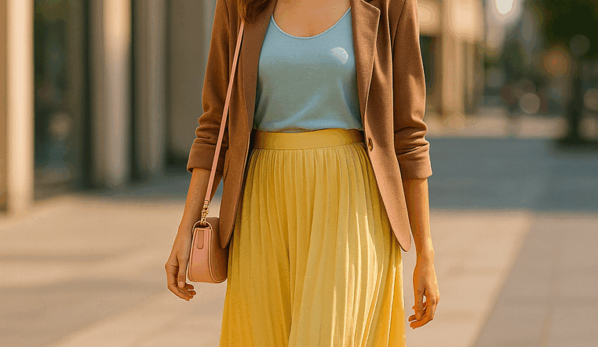 Mujer joven con outfit de verano en tonos Mocha Mousse, amarillo mantequilla y azul hielo caminando en una ciudad moderna